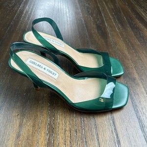 Chelsea & Violet Green Heels Womens Size 6 Joy Clear Square Toe Slingback Sandal